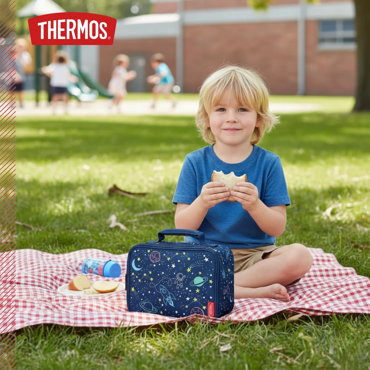 Thermos Sac à déjeuner isotherme pour enfant - Motif astronaute et espace - Bleu - 4 l - Avec sangles réglables et compartiments latéraux - Idéal pour la maternelle et la crèche - Sans BPA et PVC