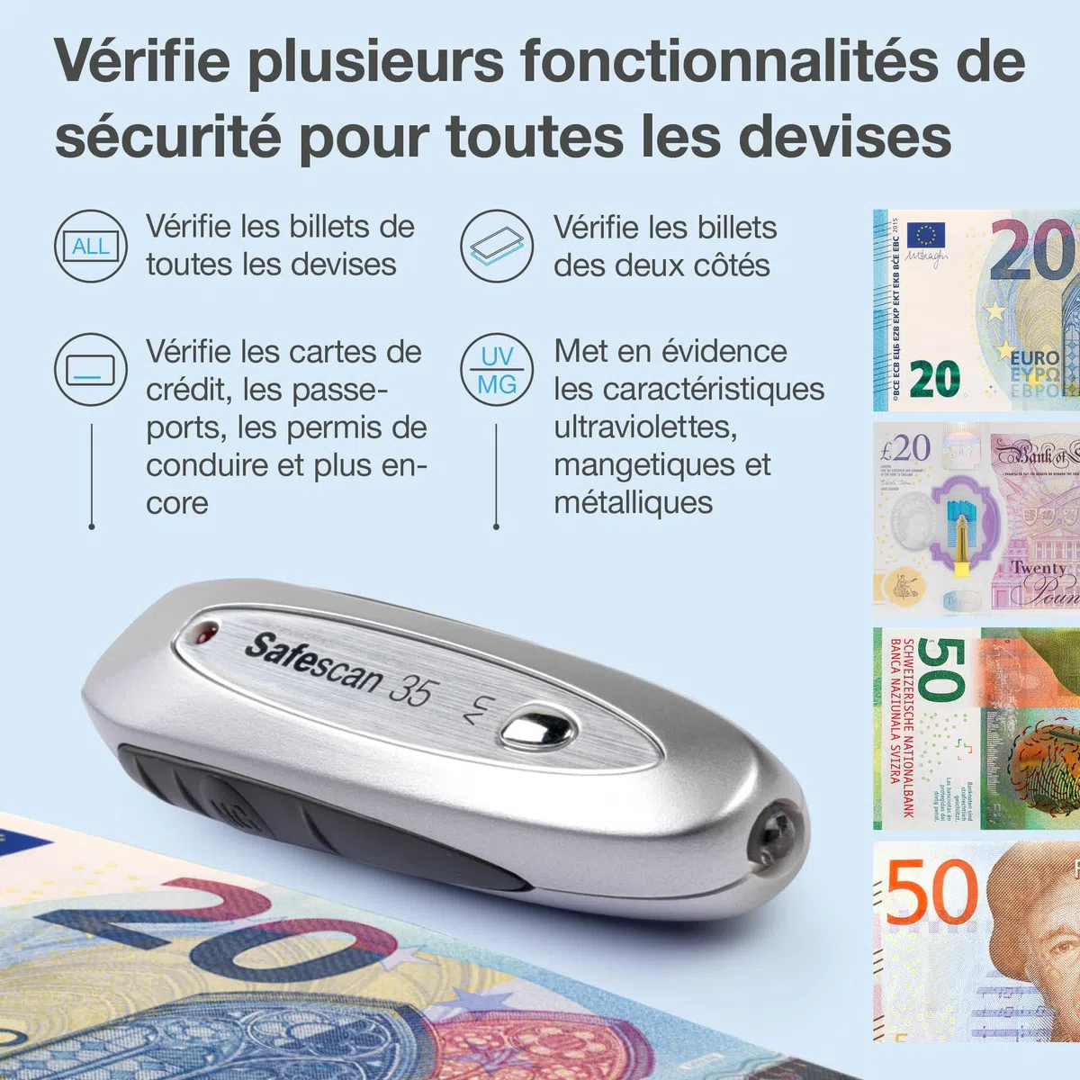 Safescan 35 détecteur de faux billets portable afin de vérifier les billets, cartes bancaires et ID - Détecteur UV pour les nouveaux billets - Détecteur lampe UV - Vérificateur UV