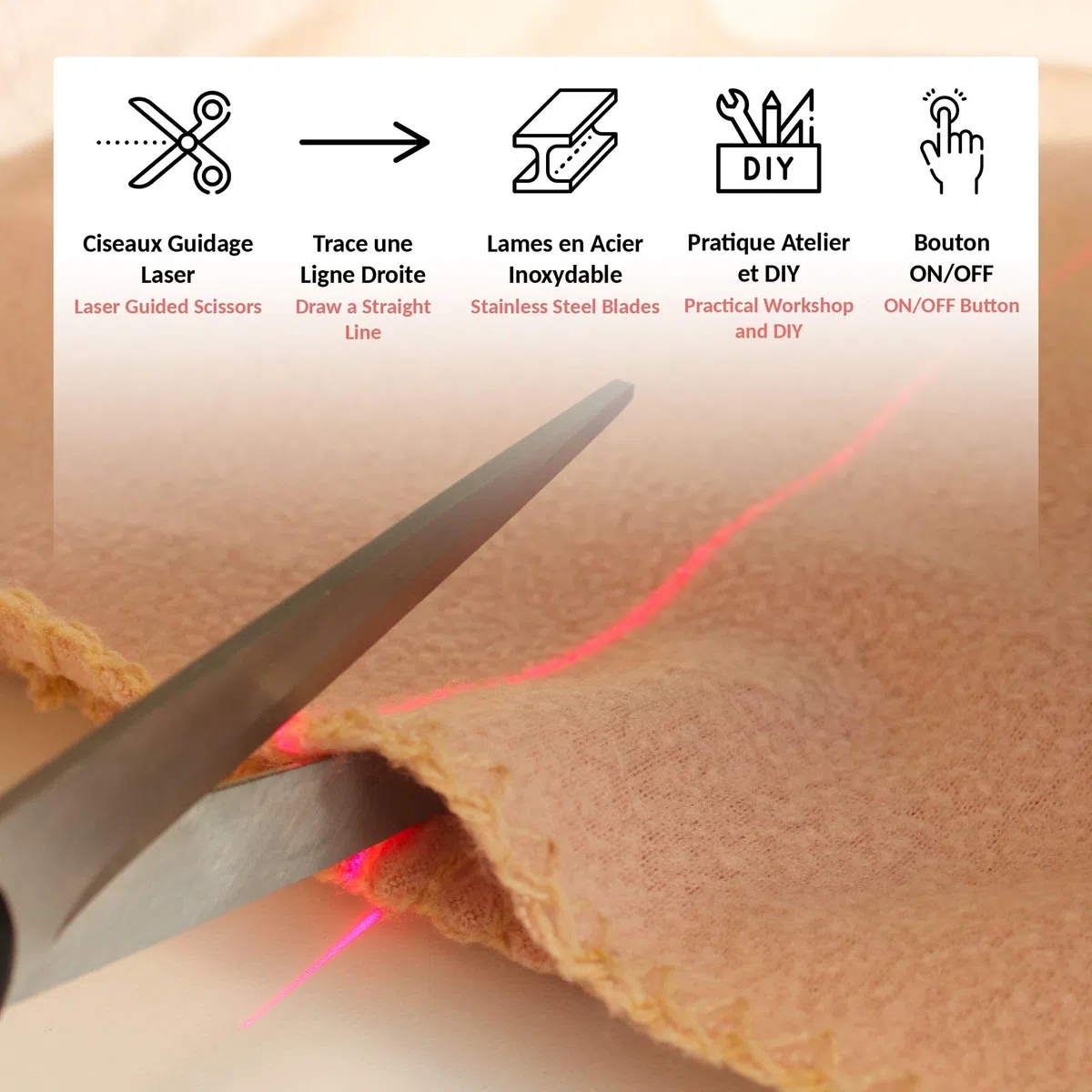 FISHTEC - Ciseaux Laser de Précision - Découpe Droite Guidée par Faisceau - Bouton ON/OFF - Lames Acier Inoxydable - Polyvalents pour Papier Textiles Carton Fin - Poignée Ergonomique Confortable