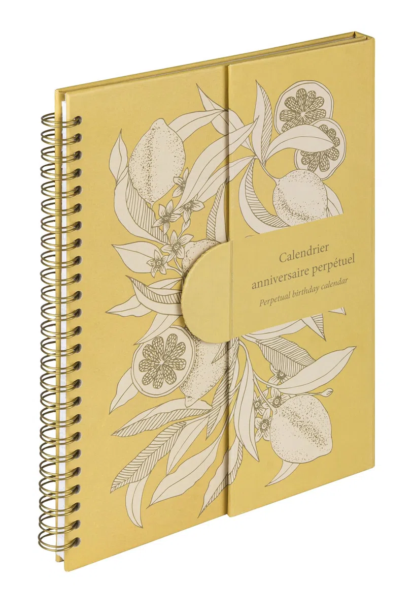 Clairefontaine - 116349C - Un Calendrier Anniversaire Perpétuel Fleurs de Citronniers A Spirale 23x17 cm 50 Pages Imprimées - Fermeture Aimantée pour affichage sur la table Collection Jardin des Sens