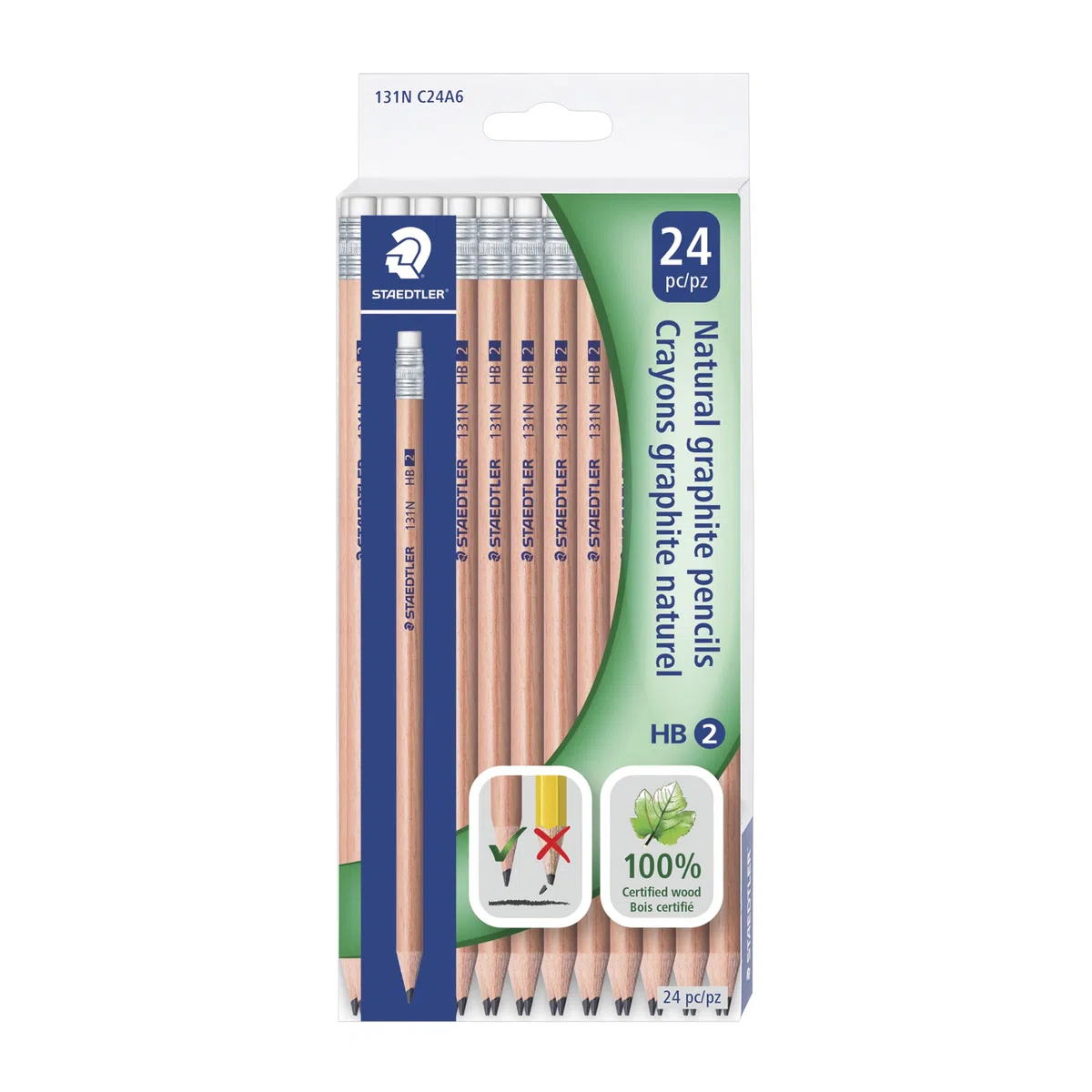 STAEDTLER 131N Unpainted Natural Wood Graphite Pencils, HB2 Woodcased Pencils, Lacquer-Free Round Barrel, Pack of 24