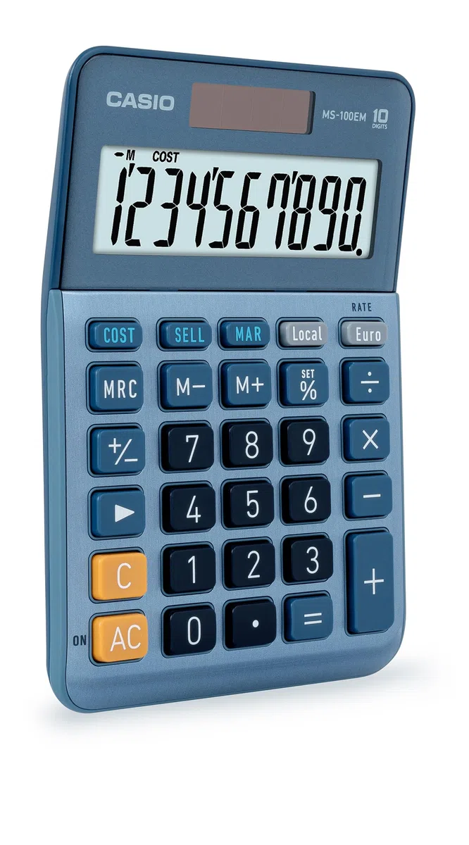 Casio MS100EM Calculatrice de Bureau à 10 Chiffres à énergie solaire/Batterie avec Calcul de Pourcentage avancé, Conversion de devises en euros Bleu