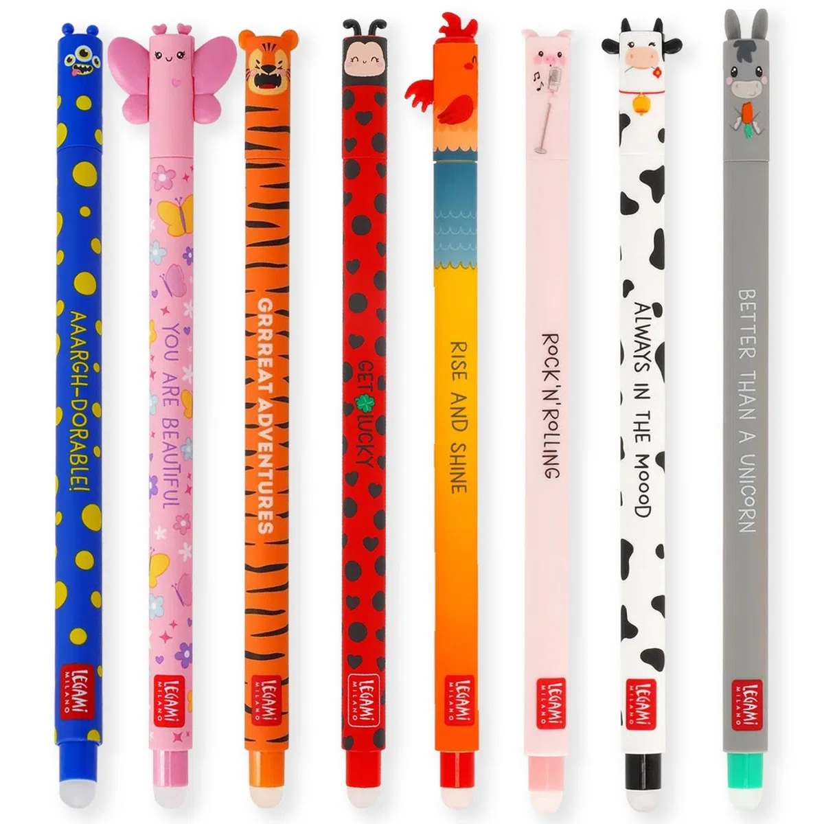 LEGAMI - Lot de 8 stylos à encre gel effaçables avec encre thermosensible, gamme de couleurs d'encre et motifs du corps du stylo, pointe de 0,7 mm, coccinelle, monstre, tigre, papillon et motifs de