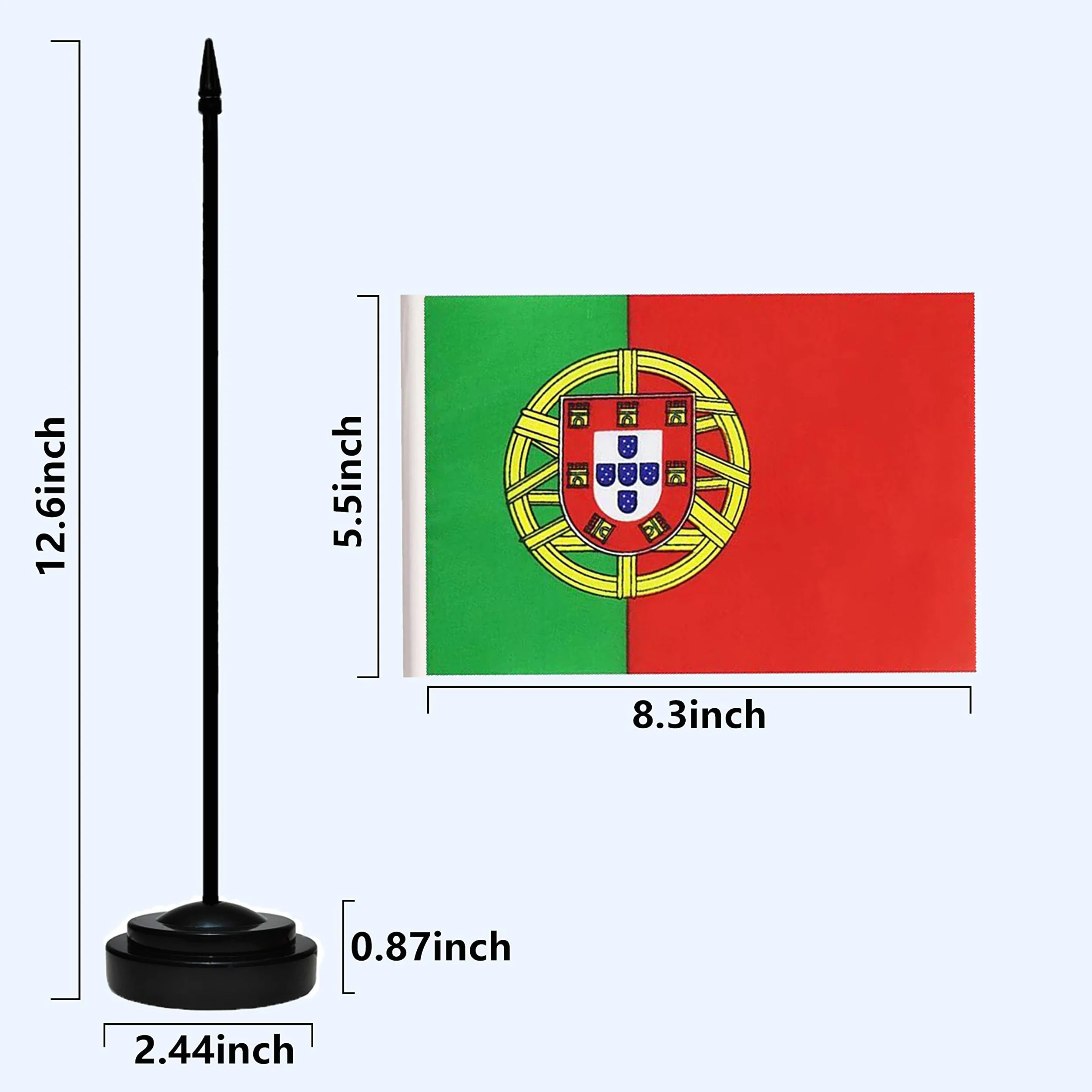 Lot de 2 drapeaux de bureau portugais de luxe avec mât solide, base noire et dessus en lance